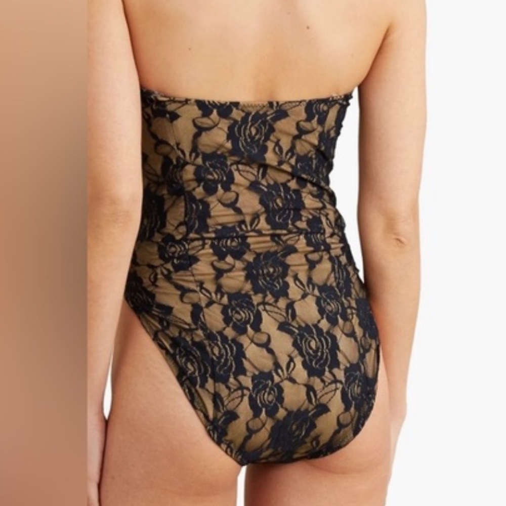 Norma Kamali Sz L Swimsuit Mio Corset Strapless Black Rose Lace Bodysuit Boho - Picture 3 of 10